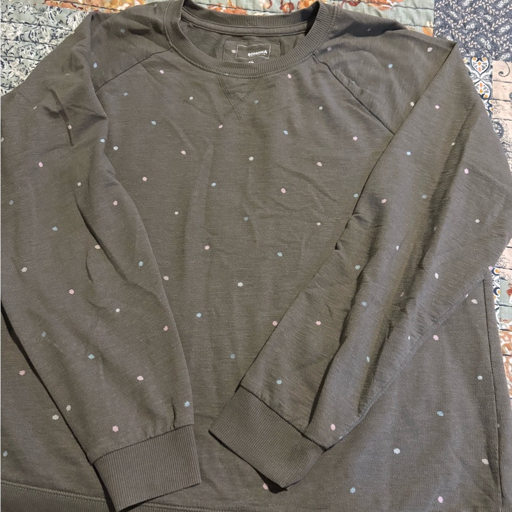 Sonoma Women's Green Sweatshirt with Pastel Polka Dots